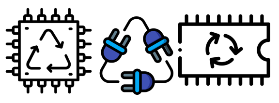 Das Bild zeigt elektronische Symbole wie Stromstecker und Stromkreisläufe.