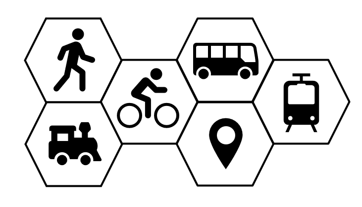 Das Bild zeigt verschiedene Symbole: Fußgänger*in, Fahrradfahrer*in, Lokomotive, Bus, Bahn/Zug, Standortsymbol