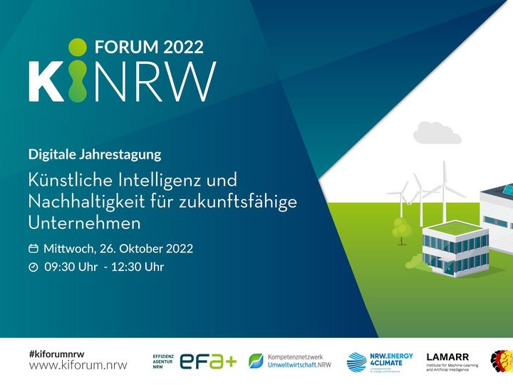 Das Bild zeigt den Flyer zur Veranstaltung &quot;Jahrestagung KI.NRW&quot;. Abgebildet ist das Logo, sowie ein animiertes Geb&auml;udeund Windr&auml;der.